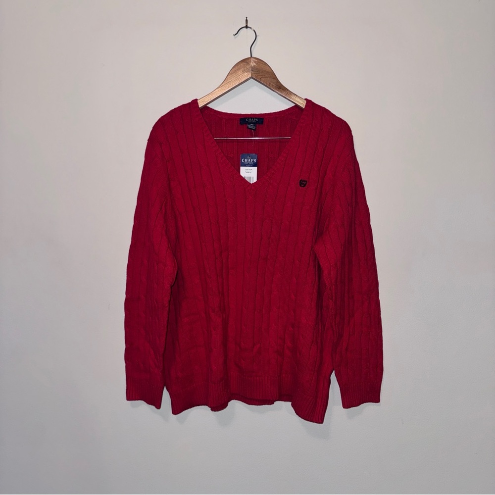 NWT Women’s CHAPS 3X Empire Red V-Neck Polo Cable Knit Sweater